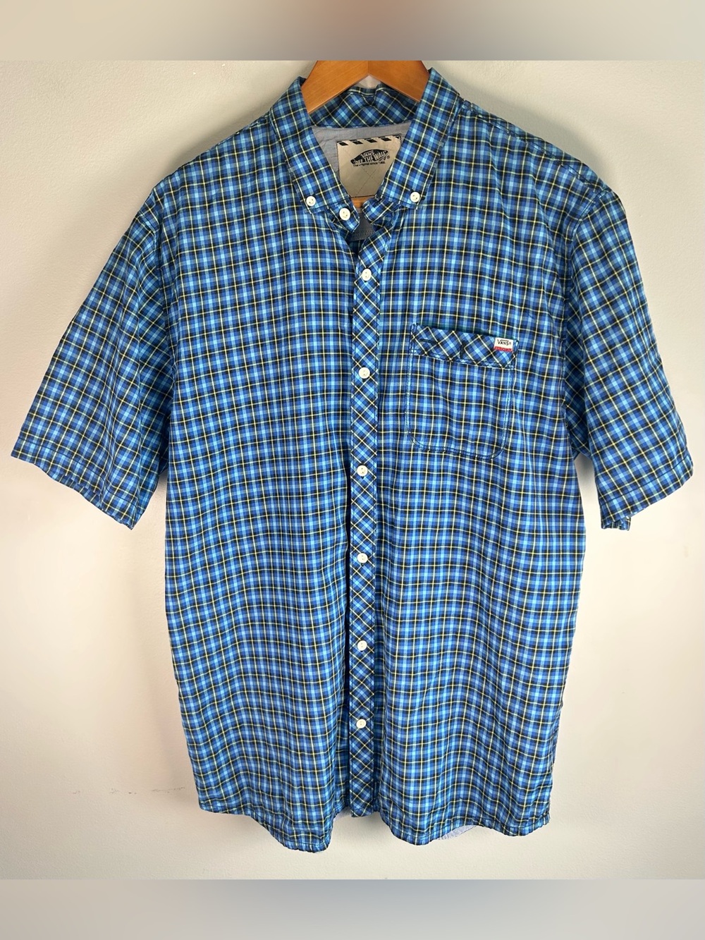 Vans Off The Wall Men's Button Up Shirt Size XL Plaid Checkered Blue Black Skate